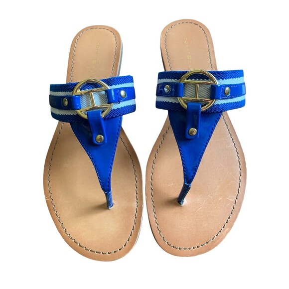 TOMMY HILFIGER Thong Sandals Slip On Patent Leather Fabric T Strap Womens 6.5 - Picture 1 of 10